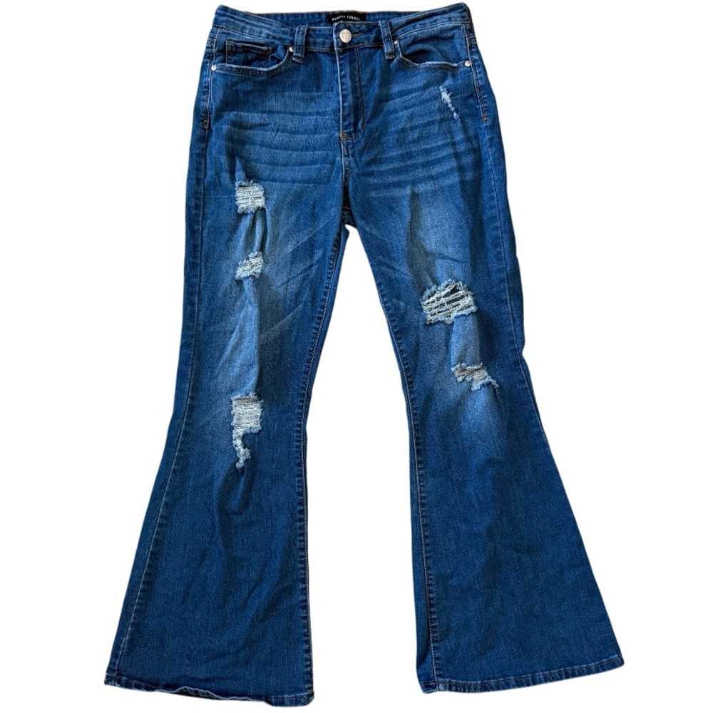 Almost Famous Medium Blue Distressed Flare/Bell Bottom Jeans Size 11